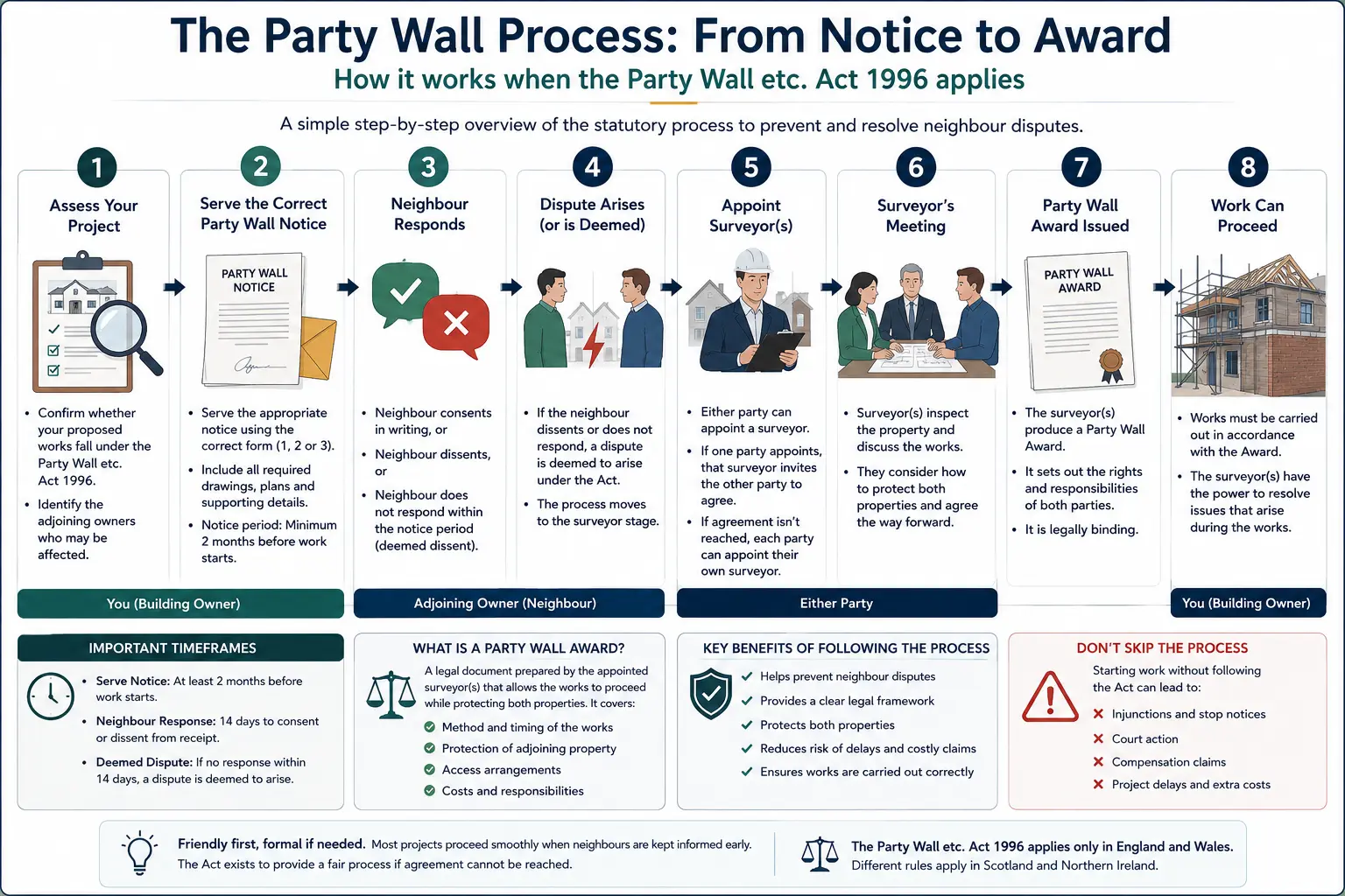 Do I Need a Party Wall Agreement? An infographic showing the party wall process from notice to award in a very interactive way for the citizens living in Kingston upon Hull, UK