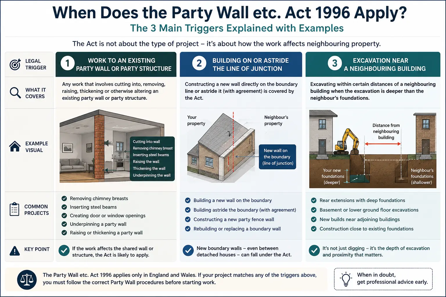 Do I Need a Party Wall Agreement? An infographic showing when does the party wall etc act 1996 apply like excavation, junction, painting, in Kingston upon Hull, UK